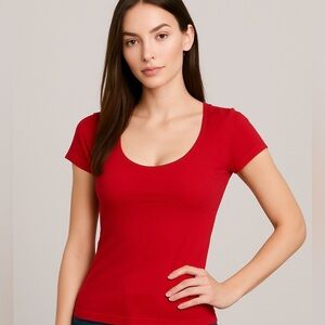 Free People Intimately XS Red Scoop Neck Fitted Tee Festive Holiday Christmas
